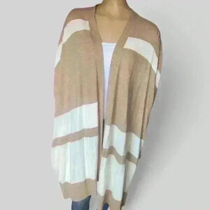 Loft Open Front Cardigan Tan & Cream Striped Knit Lightweight Sweater sz 20/22